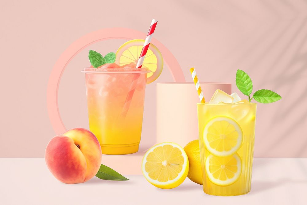 Refreshing summer drinks, lemonade, peach soda