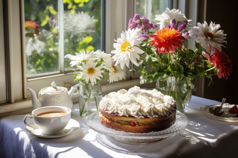 Cake window flower table. AI generated Image by rawpixel.