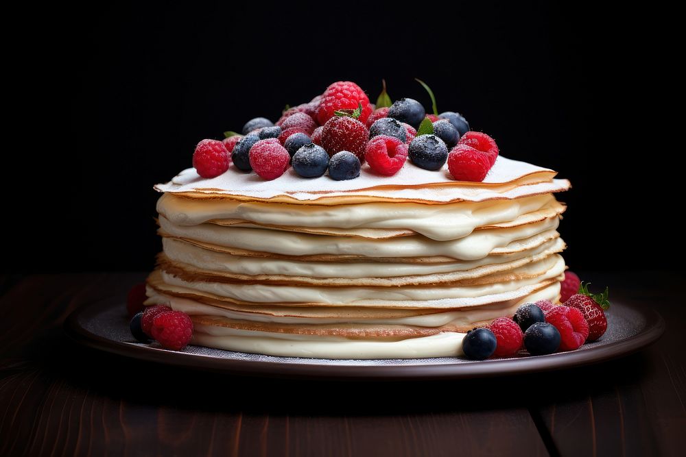 Crepe cake food blueberry dessert. AI generated Image by rawpixel.