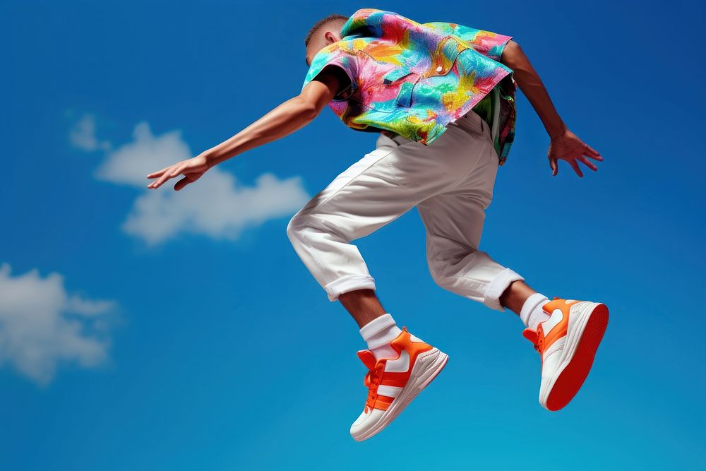 Jumping man, colorful fashion photo. AI generated image by rawpixel.