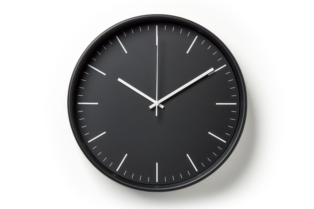 Minimalist black wall clock white background deadline accuracy. 