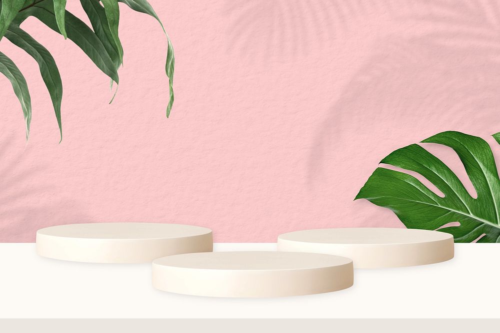 Pink botanical product display background with podiums