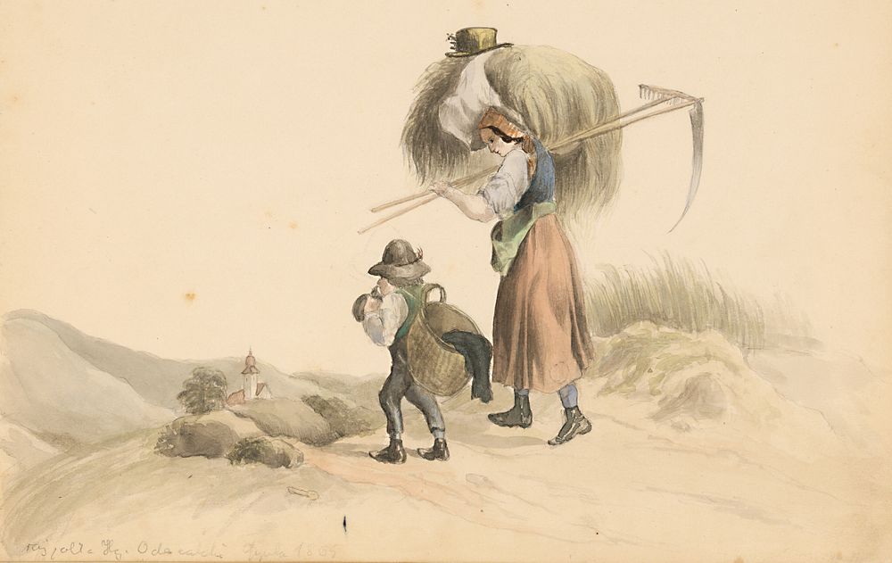 Genre scene (peasant with hay and son)