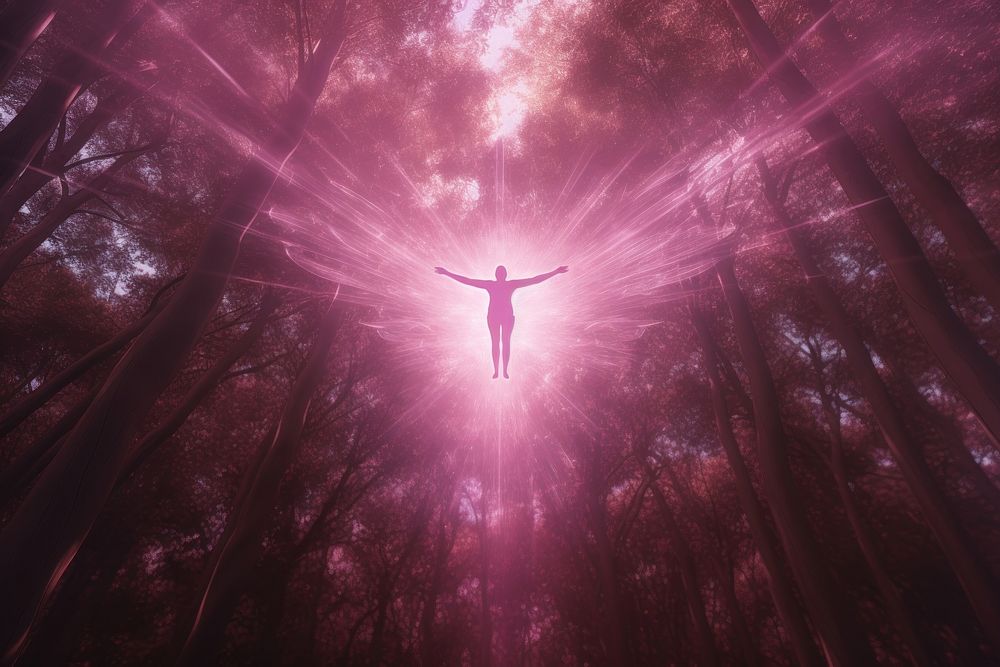 Glowing pink person forest tree sunlight. AI generated Image by rawpixel.