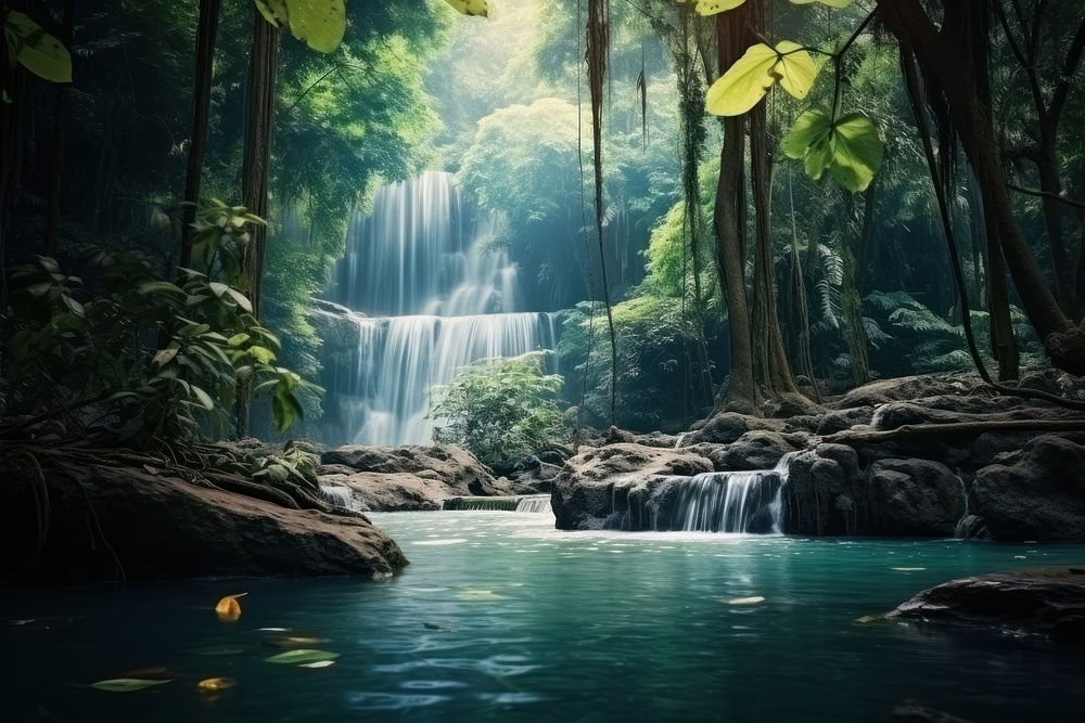 Waterfall landscape nature forest. AI generated Image by rawpixel.
