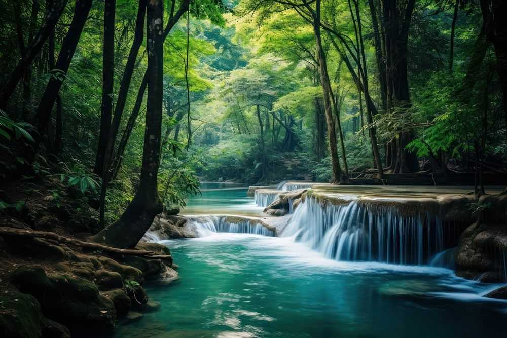 Waterfall landscape nature forest. AI generated Image by rawpixel.