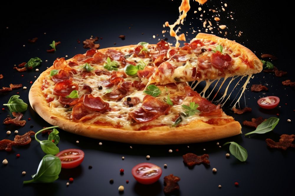 Delicious pizza food advertisement mozzarella. AI generated Image by rawpixel.