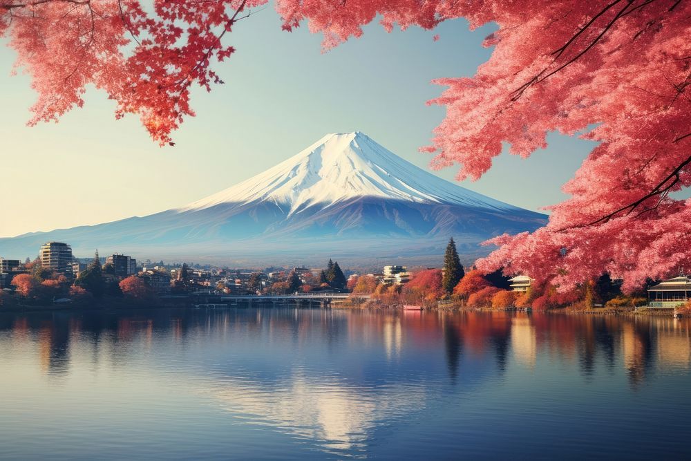 Fuji mountain autumn lake landscape. 