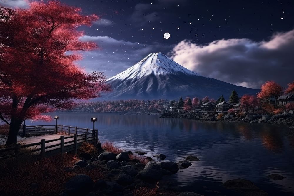 Fuji mountain autumn night lake. AI generated Image by rawpixel.