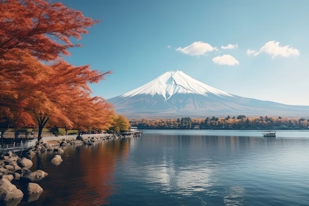 Fuji mountain autumn lake landscape. 