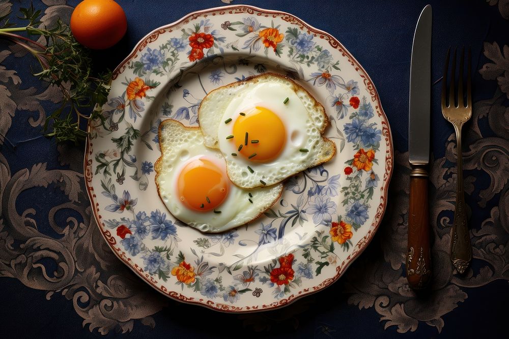 Served fried eggs plate knife fork. 