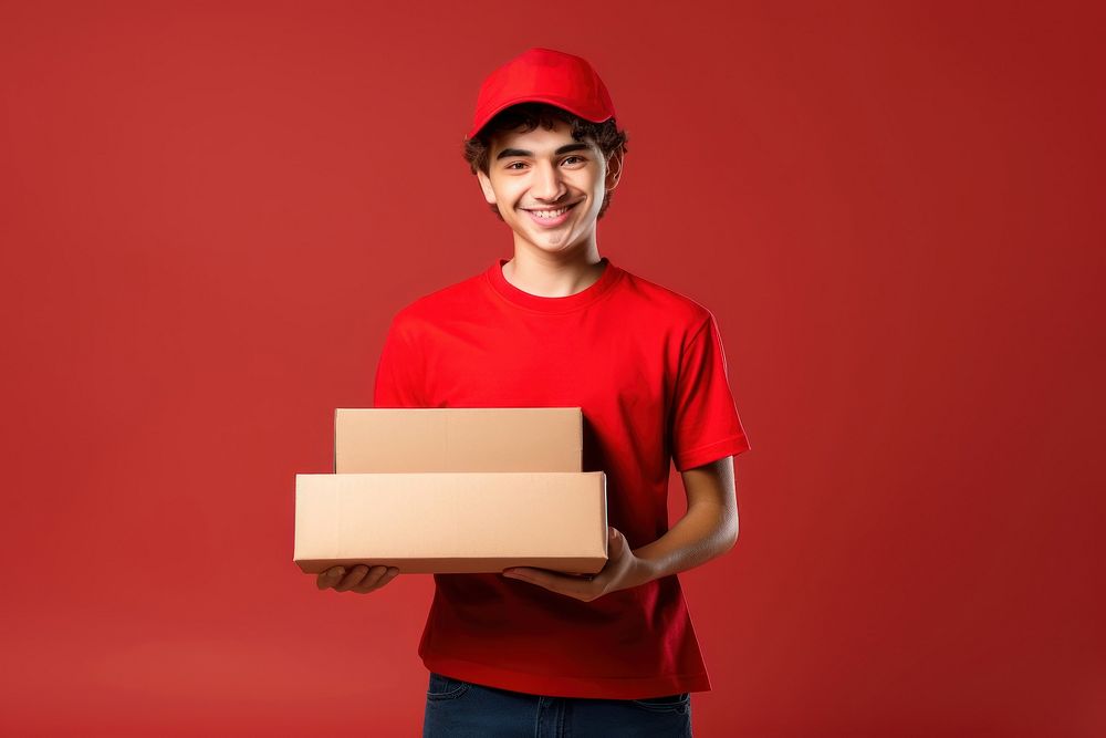 Teenage boy messenger holding a box. AI generated Image by rawpixel.