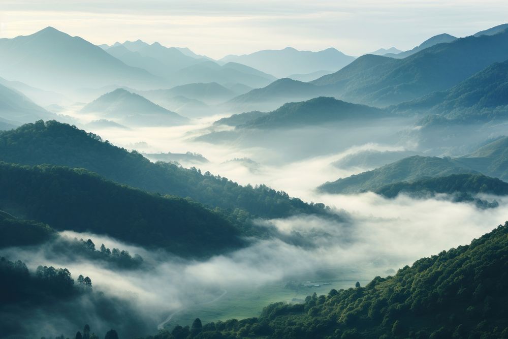 Misty mountain valley landscape outdoors nature. AI generated Image by rawpixel.