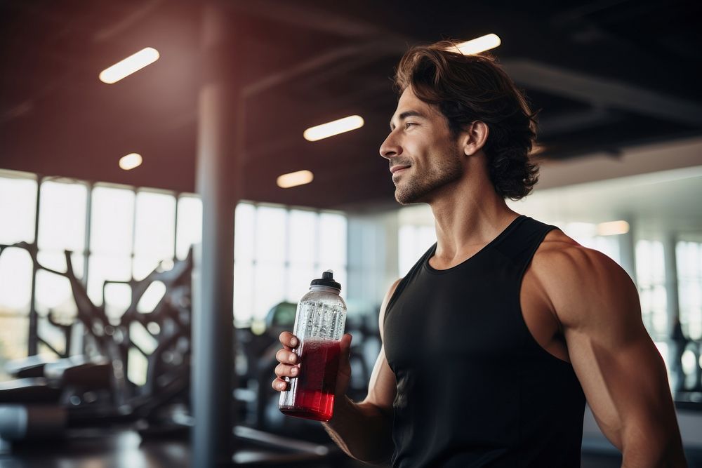 Drinking energy drink bottle adult gym. AI generated Image by rawpixel.