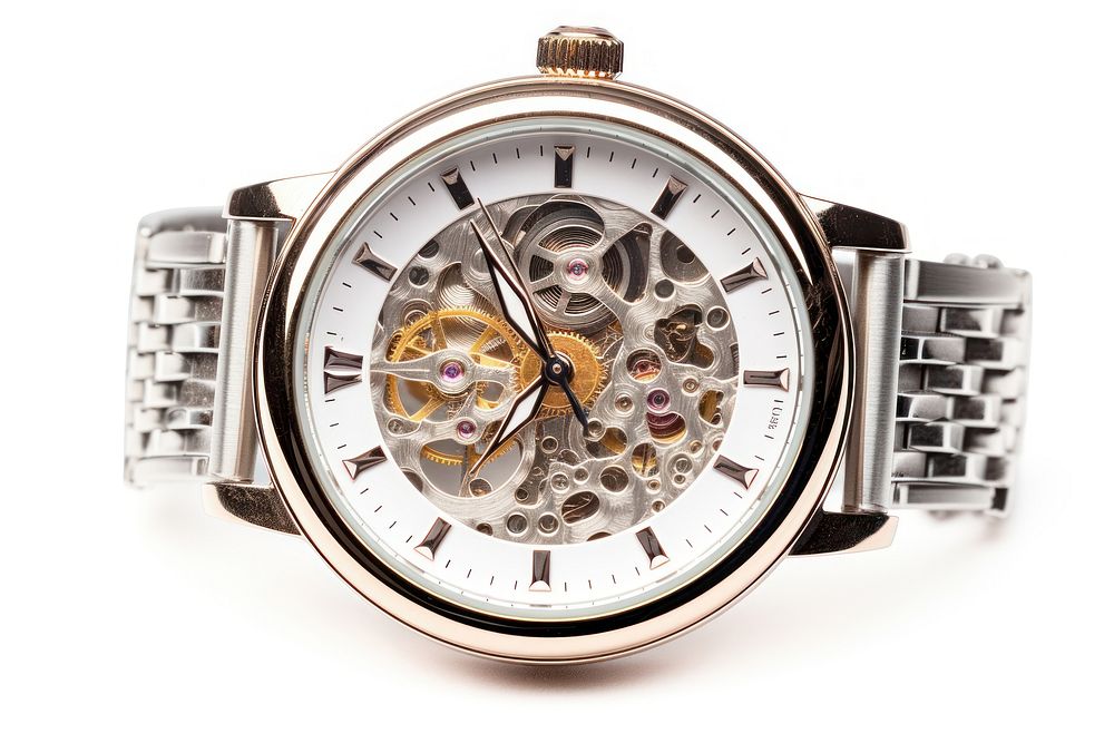 Elegant wristwatch white background clockworks equipment. AI generated Image by rawpixel.