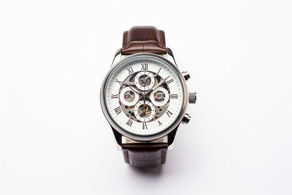 Elegant wristwatch white background clockworks platinum. 