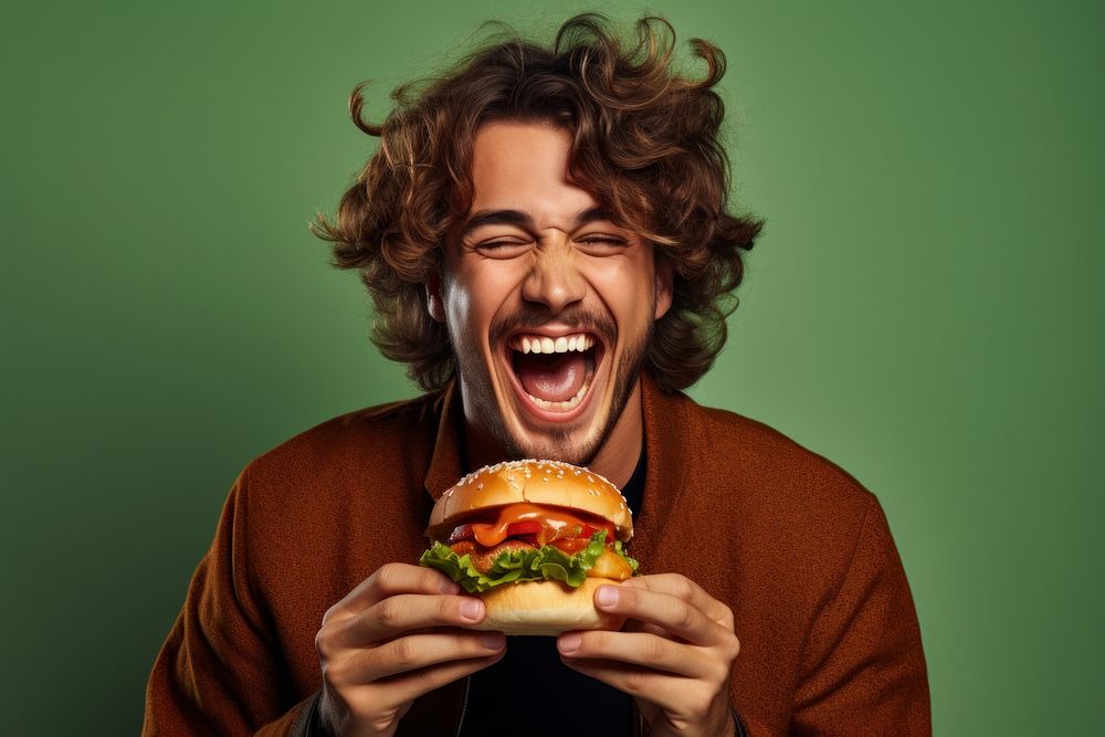 Biting laughing burger adult. AI generated Image by rawpixel.