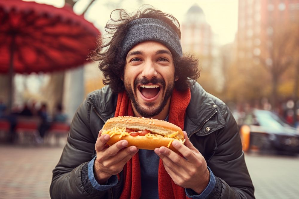 Eating outdoors adult happy. 