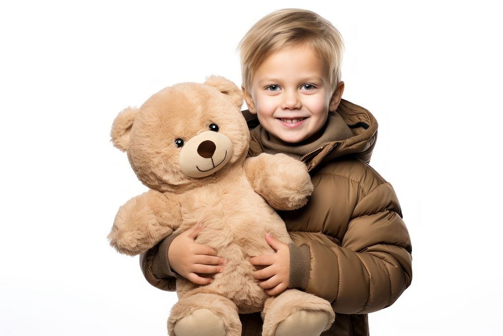 Teddy bear portrait holding plush. 