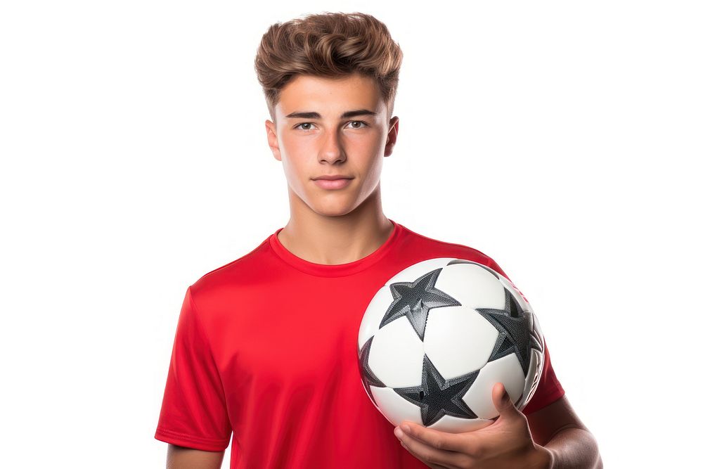 Young man holding soccerball football portrait t-shirt. AI generated Image by rawpixel.