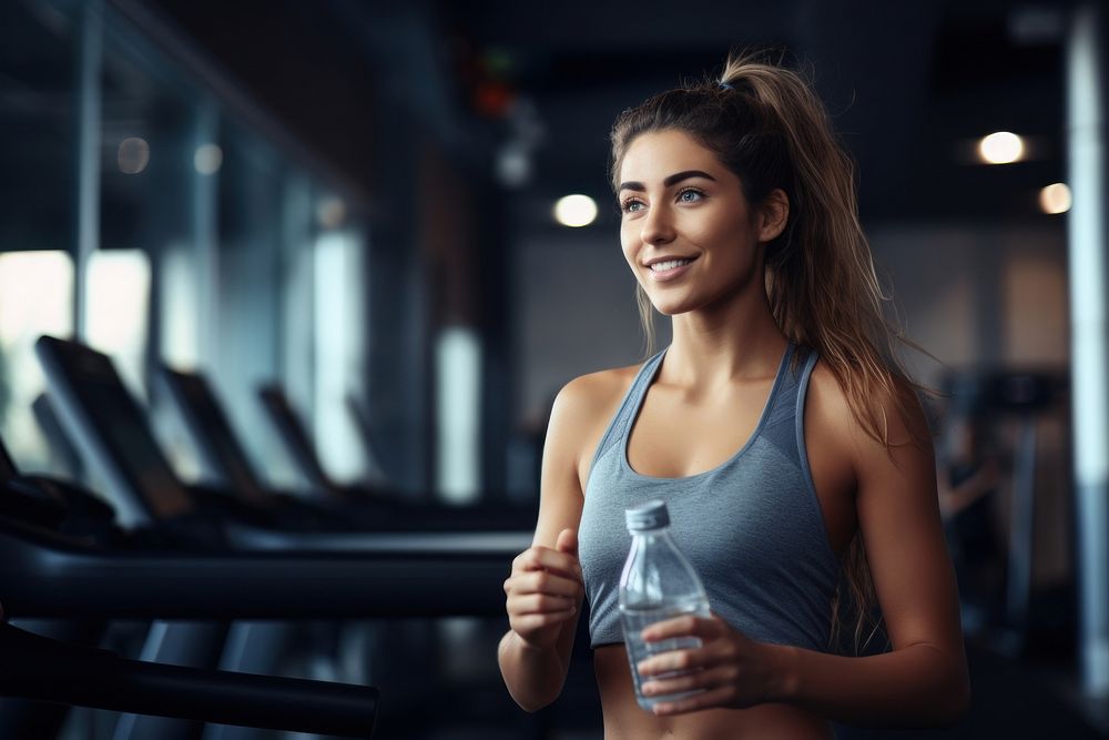 Sportive women sports gym drinking. 