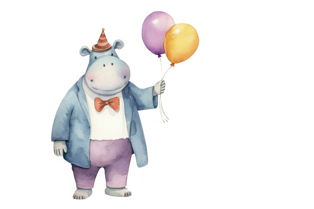 Hippo holding balloon standing animal party. AI generated Image by rawpixel.