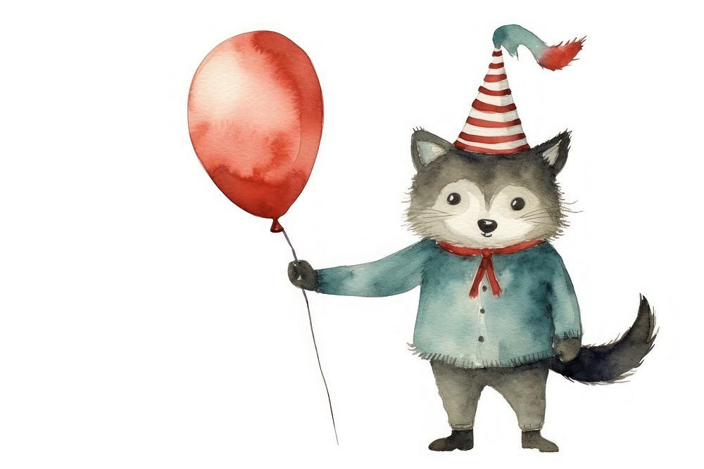 Racoon holding balloon standing animal party. 