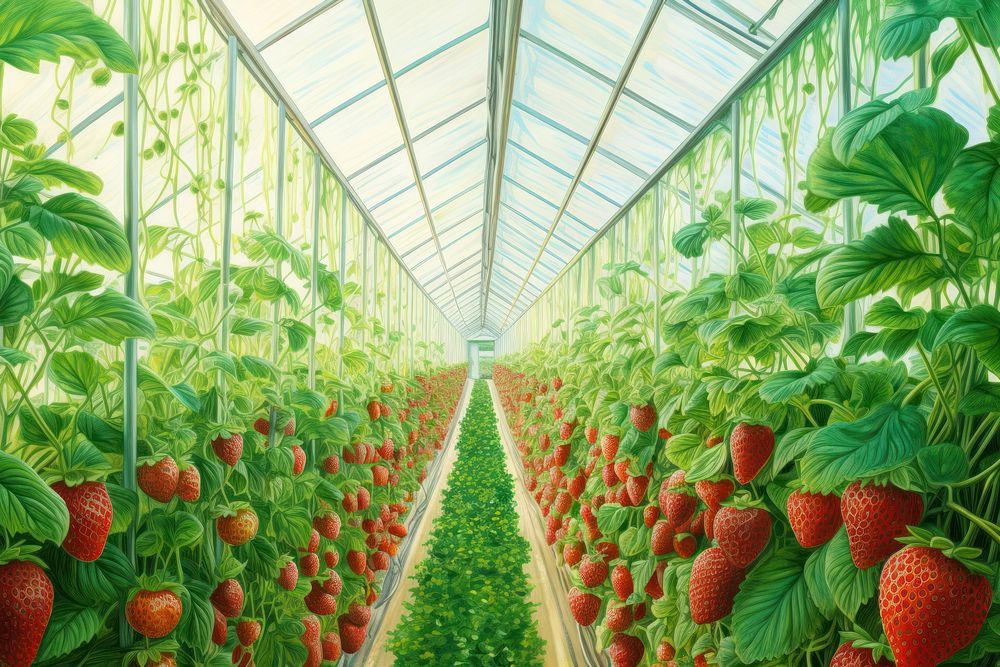 Strawberry field inside greenhouse. AI generated Image by rawpixel.