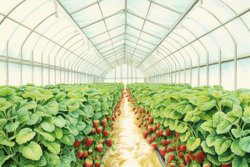 Strawberry field inside greenhouse. AI generated Image by rawpixel.