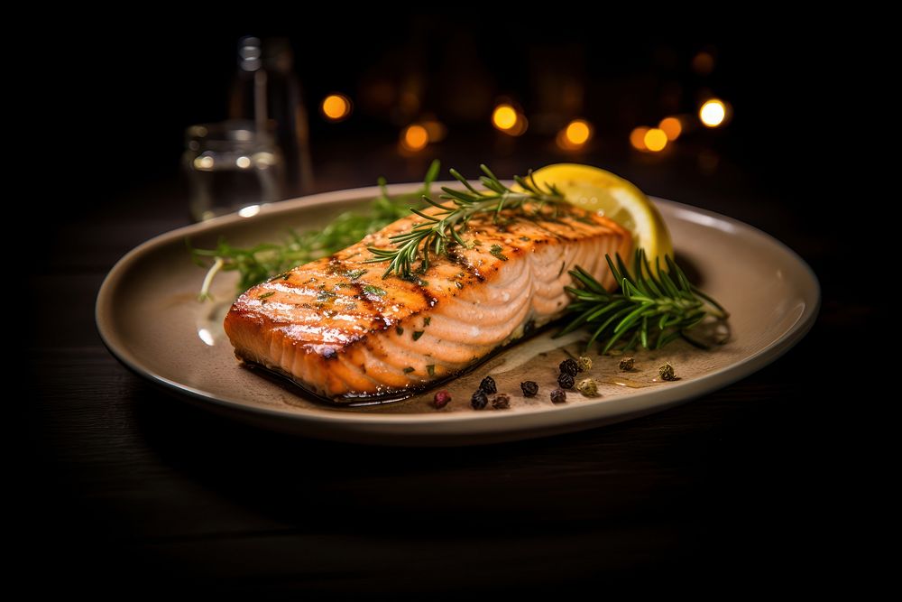 Grilled salmon seafood plate meat. AI generated Image by rawpixel.
