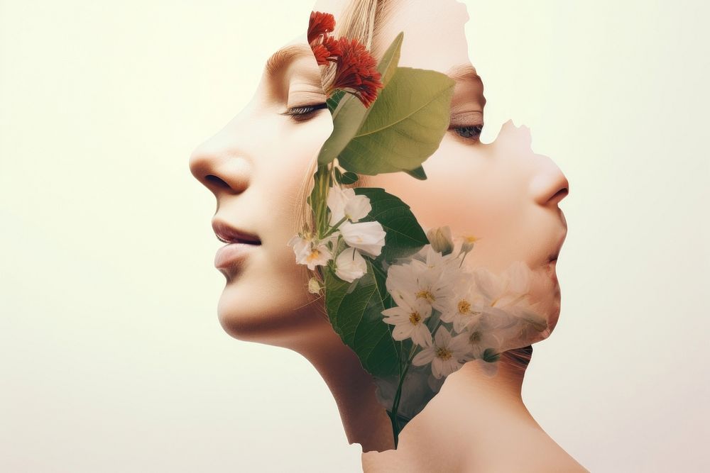 A woman happy and sad portrait photography flower. AI generated Image by rawpixel.