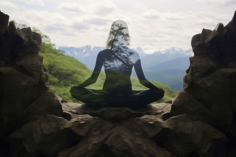 A woman yoga at the mountain cliff landscape outdoors nature. AI generated Image by rawpixel.