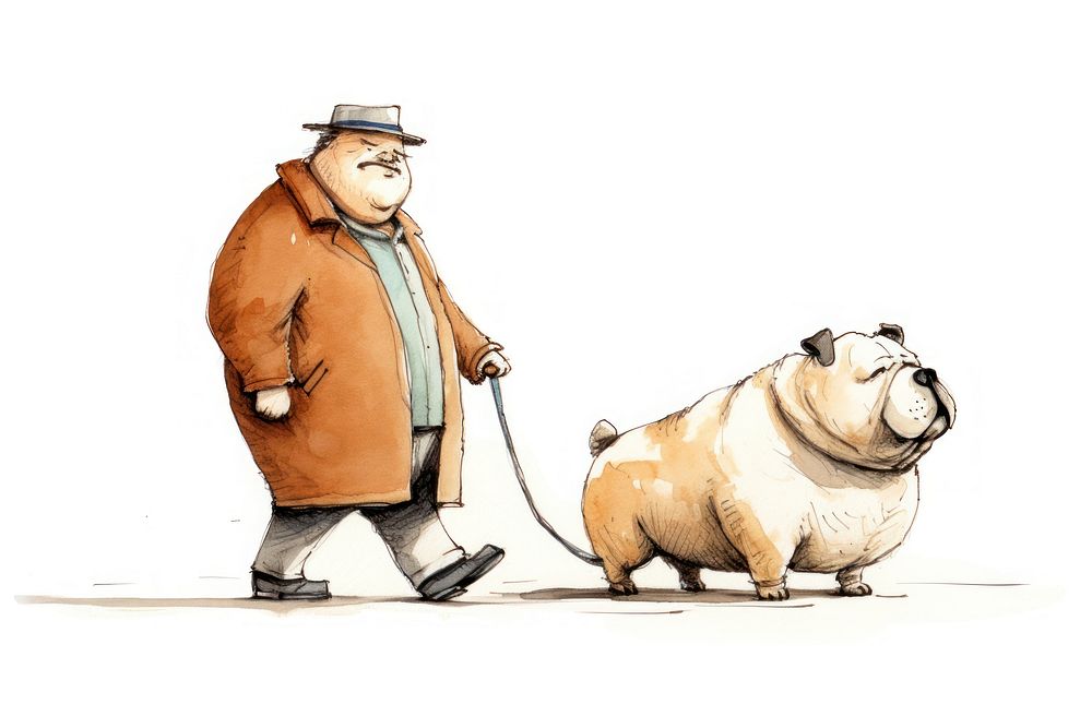 Old chubby man leads a chubby dog bulldog cartoon mammal. AI generated Image by rawpixel.