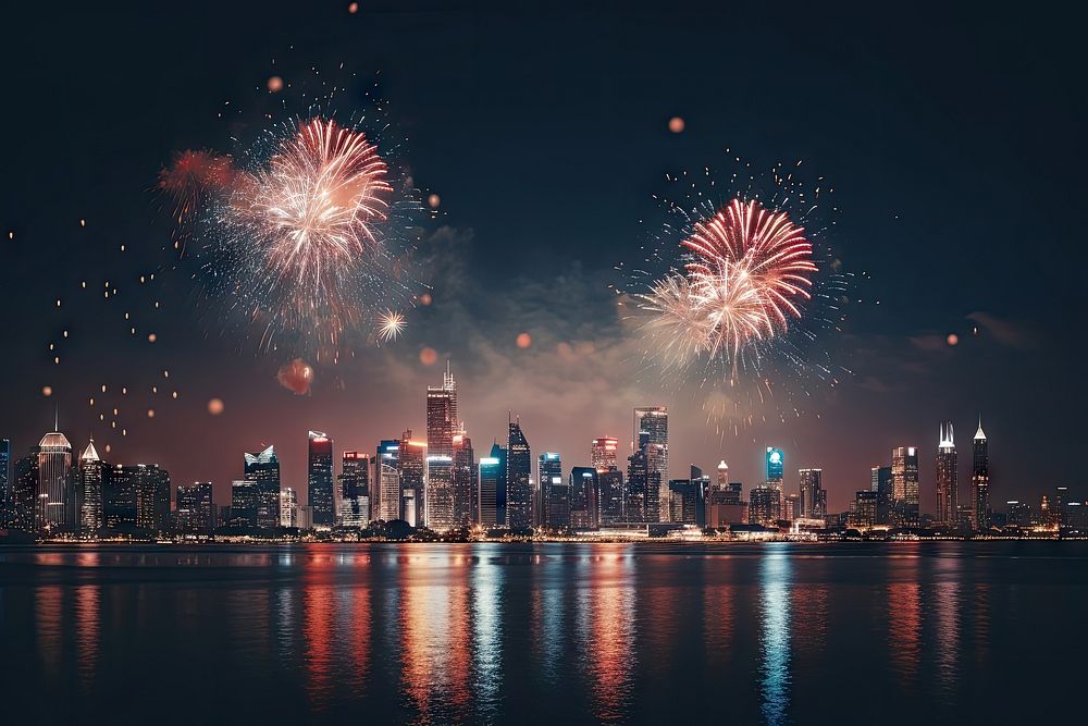 Fireworks cityscape architecture building. AI generated Image by rawpixel.