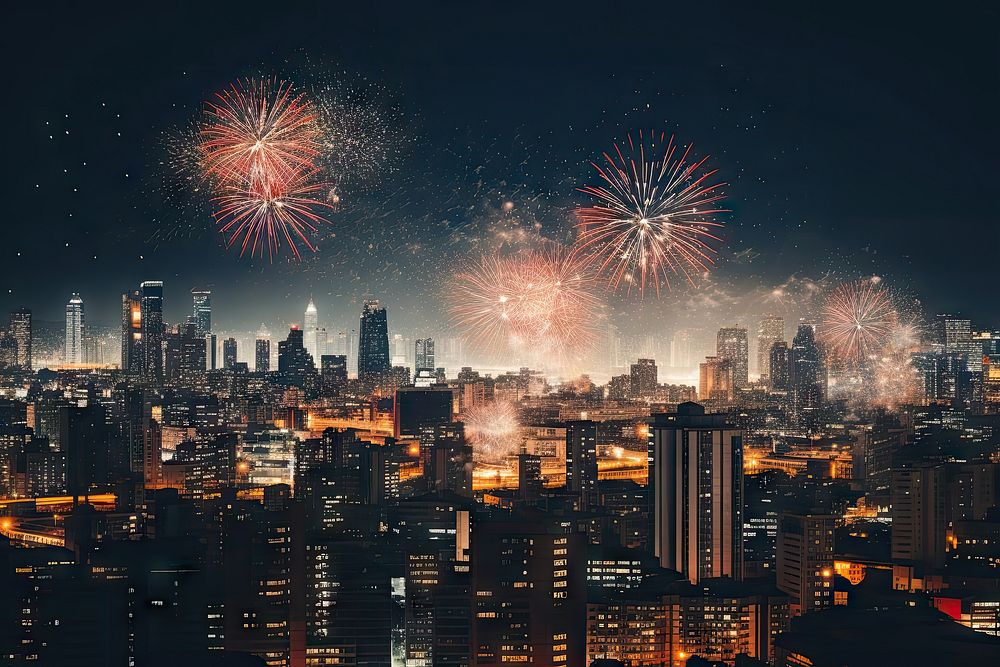 Fireworks cityscape architecture metropolis. AI generated Image by rawpixel.