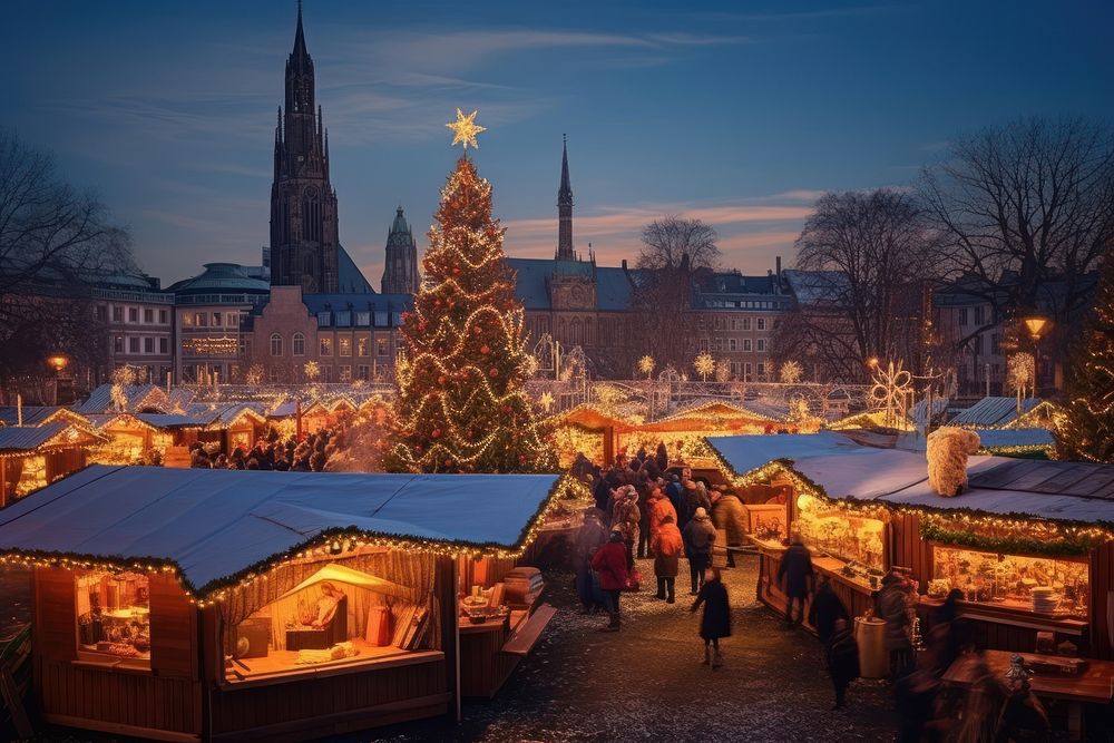Christmas market night architecture illuminated. AI generated Image by rawpixel.