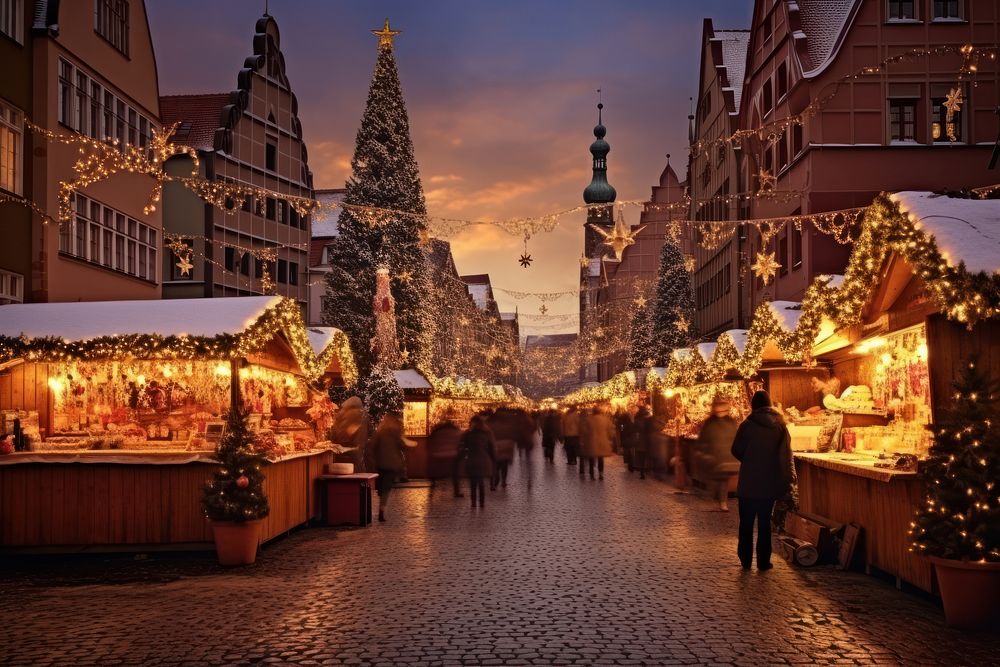 Christmas market evening architecture illuminated. AI generated Image by rawpixel.