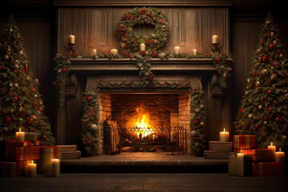 Christmas fireplace hearth candle architecture. 