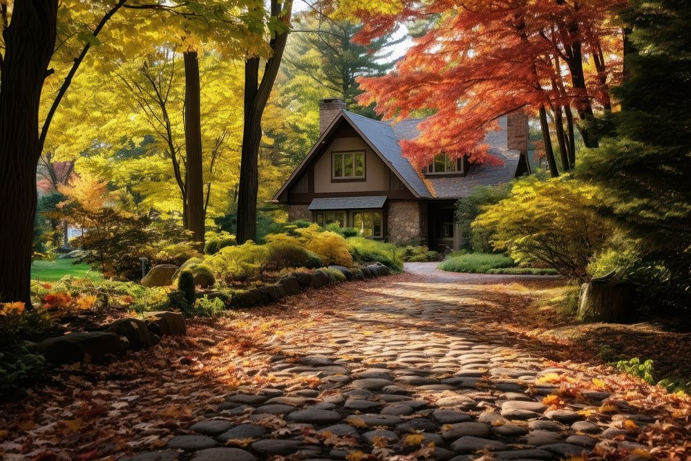 Autumn architecture outdoors driveway. AI generated Image by rawpixel.