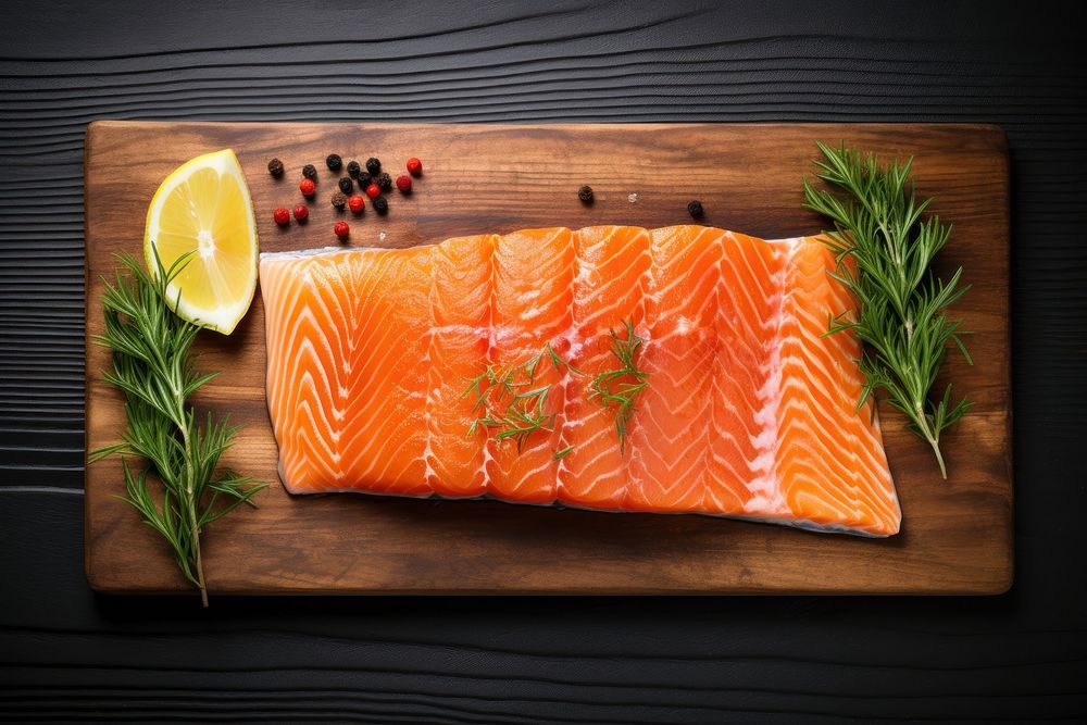Raw salmon seafood wood vegetable. AI generated Image by rawpixel.