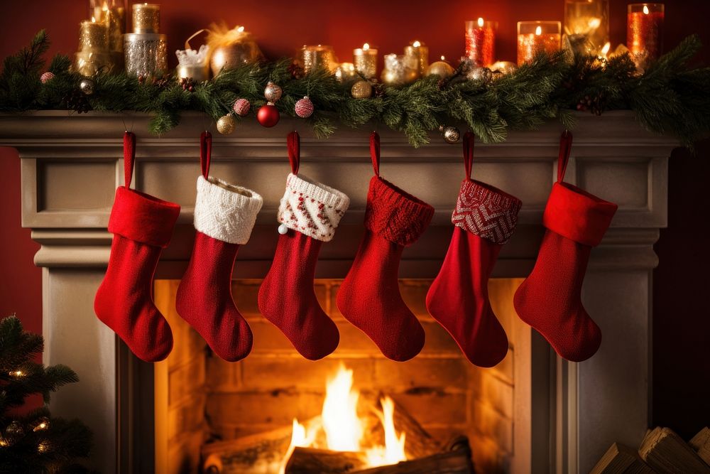 Christmas socks fireplace hanging hearth. AI generated Image by rawpixel.