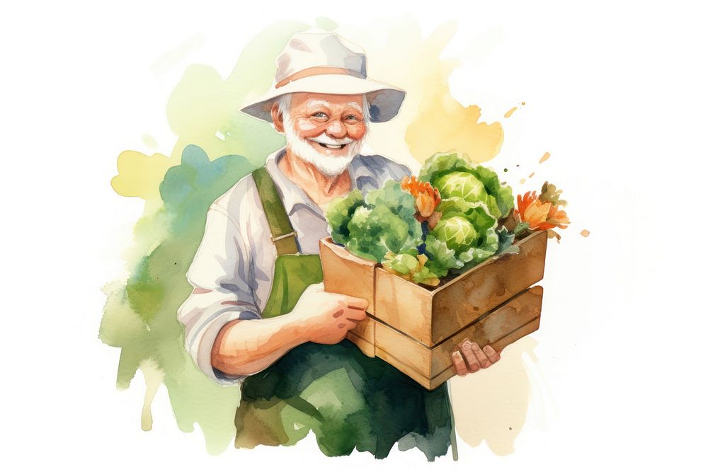 Happy old wearing gardening box cauliflower vegetable. AI generated Image by rawpixel.