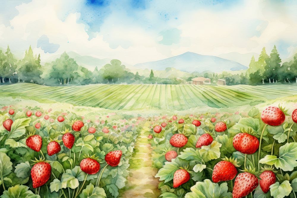 Strawberry field landscape outdoors nature. AI generated Image by rawpixel.