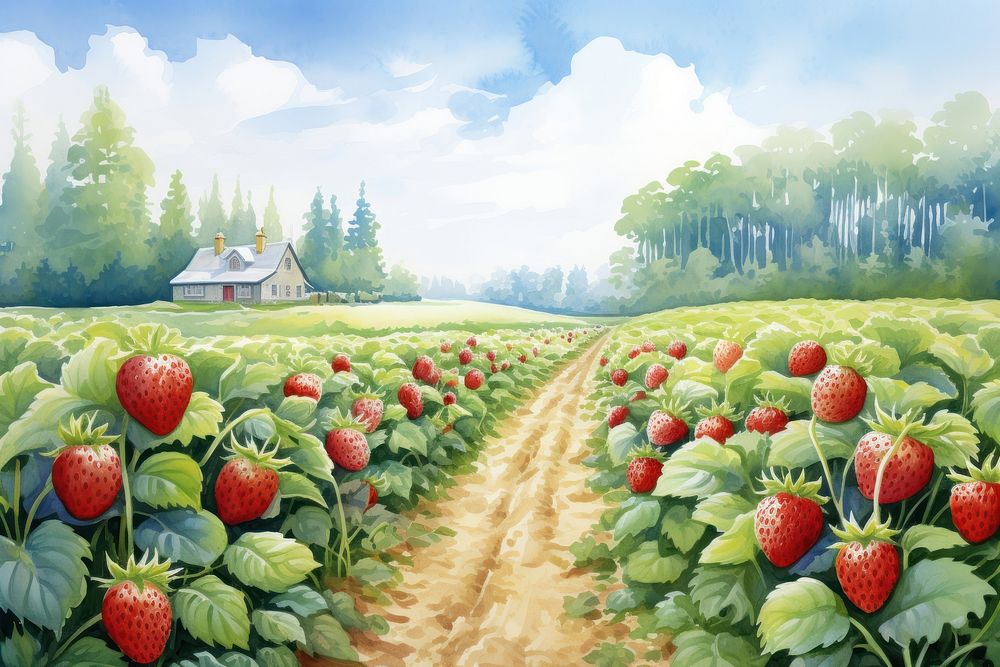 Strawberry field landscape outdoors painting. AI generated Image by rawpixel.