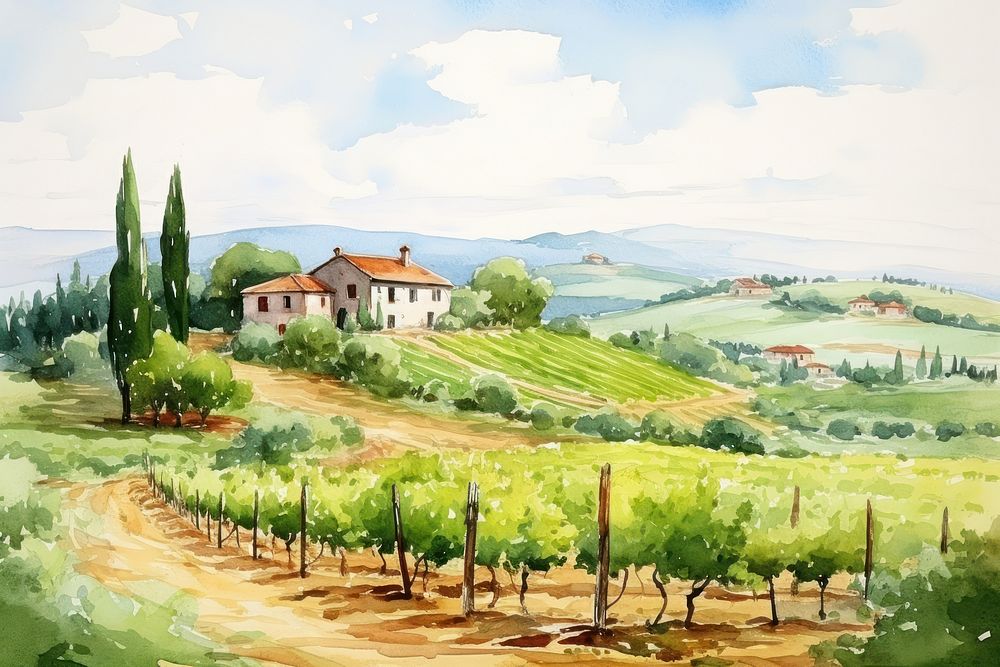 Vineyard landscape outdoors drawing. AI generated Image by rawpixel.