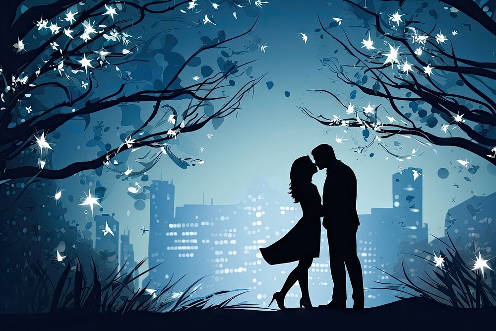 A couple kissing night silhouette outdoors. AI generated Image by rawpixel.