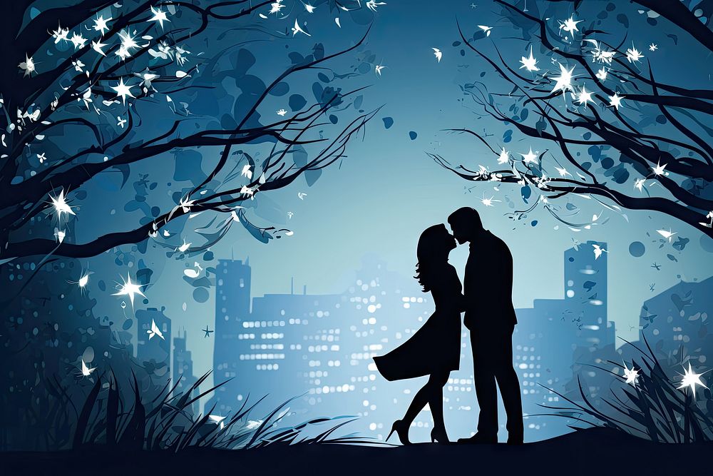 A couple kissing night silhouette outdoors. 