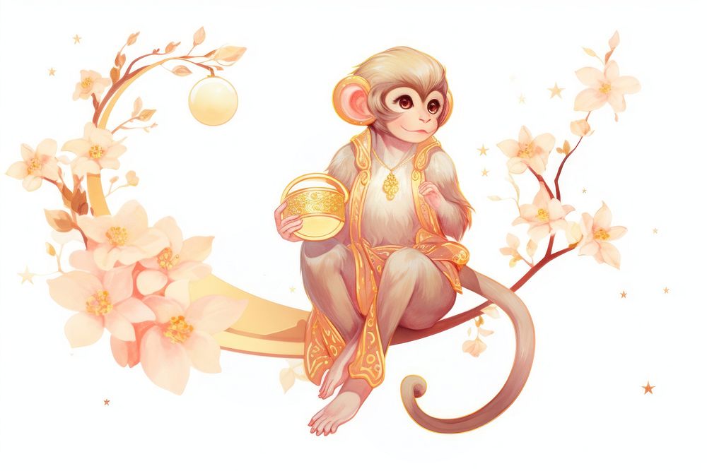 Zodiac monkey holding peach plant art representation. AI generated Image by rawpixel.