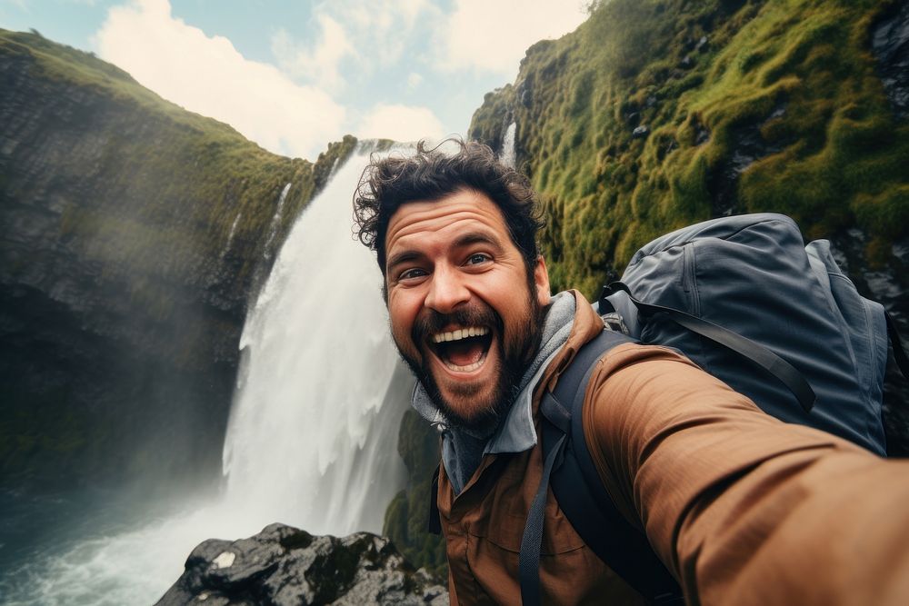 Waterfall tourist selfie laughing. AI generated Image by rawpixel.