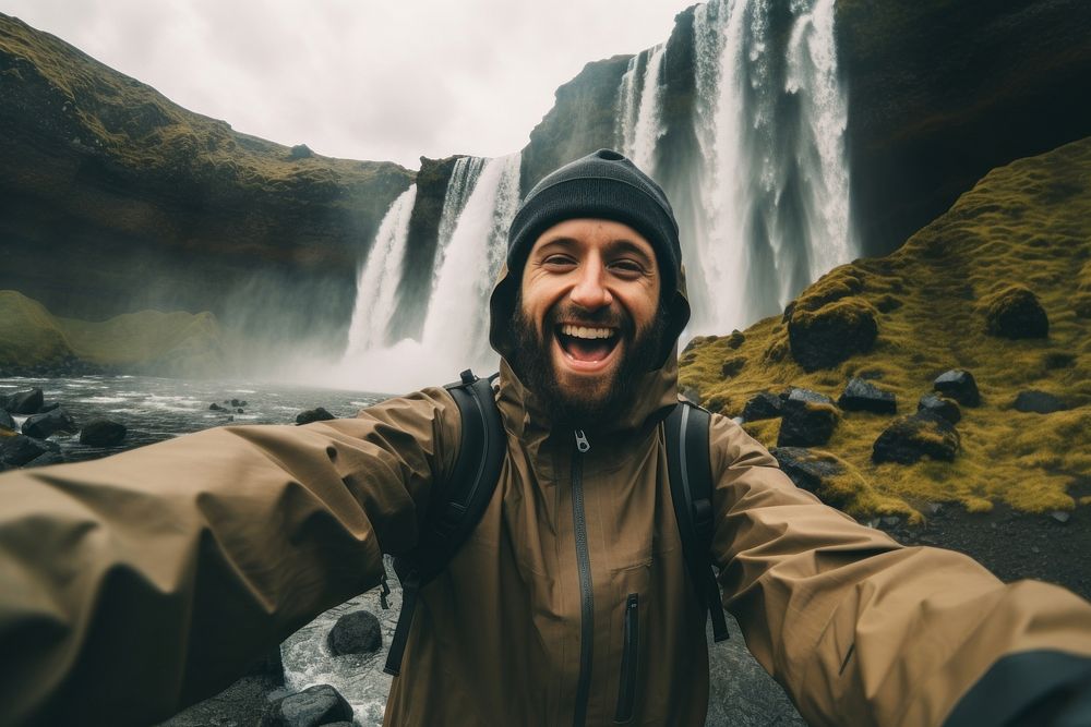 Waterfall tourist selfie portrait. AI generated Image by rawpixel.